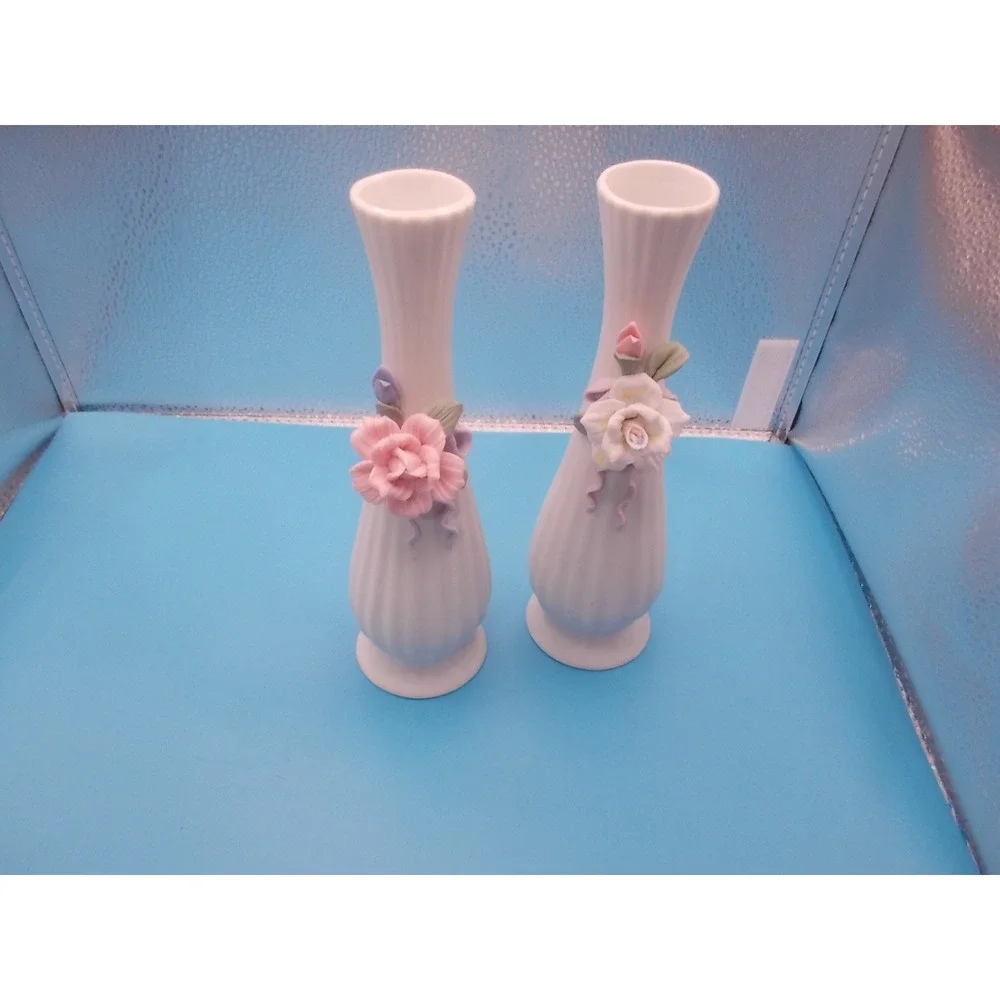 Vintage Porcelain Bud Vase Set 2 White Fluted 3D Pink White Rose Floral Decor